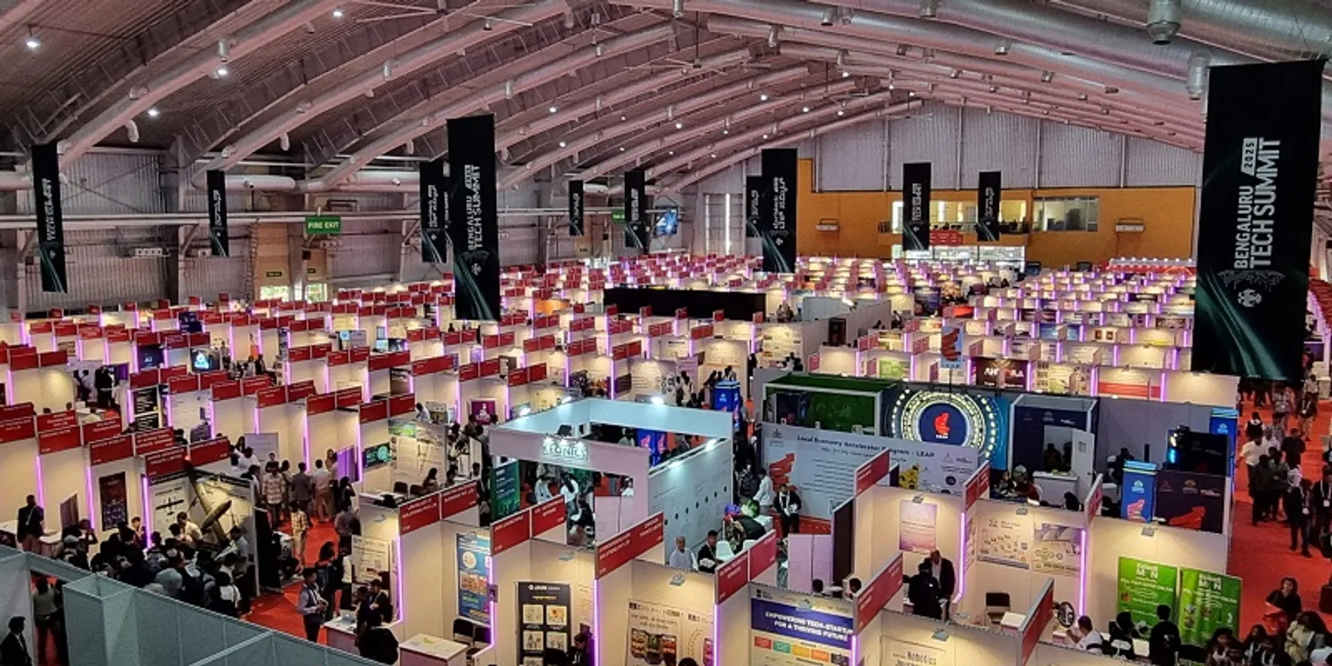 Wide view of the Bengaluru Tech Summit startup exhibition hall